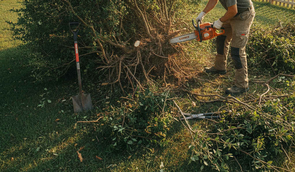 bush removal but there should be no face. only someone's lower torso should be seen working on the bush removal